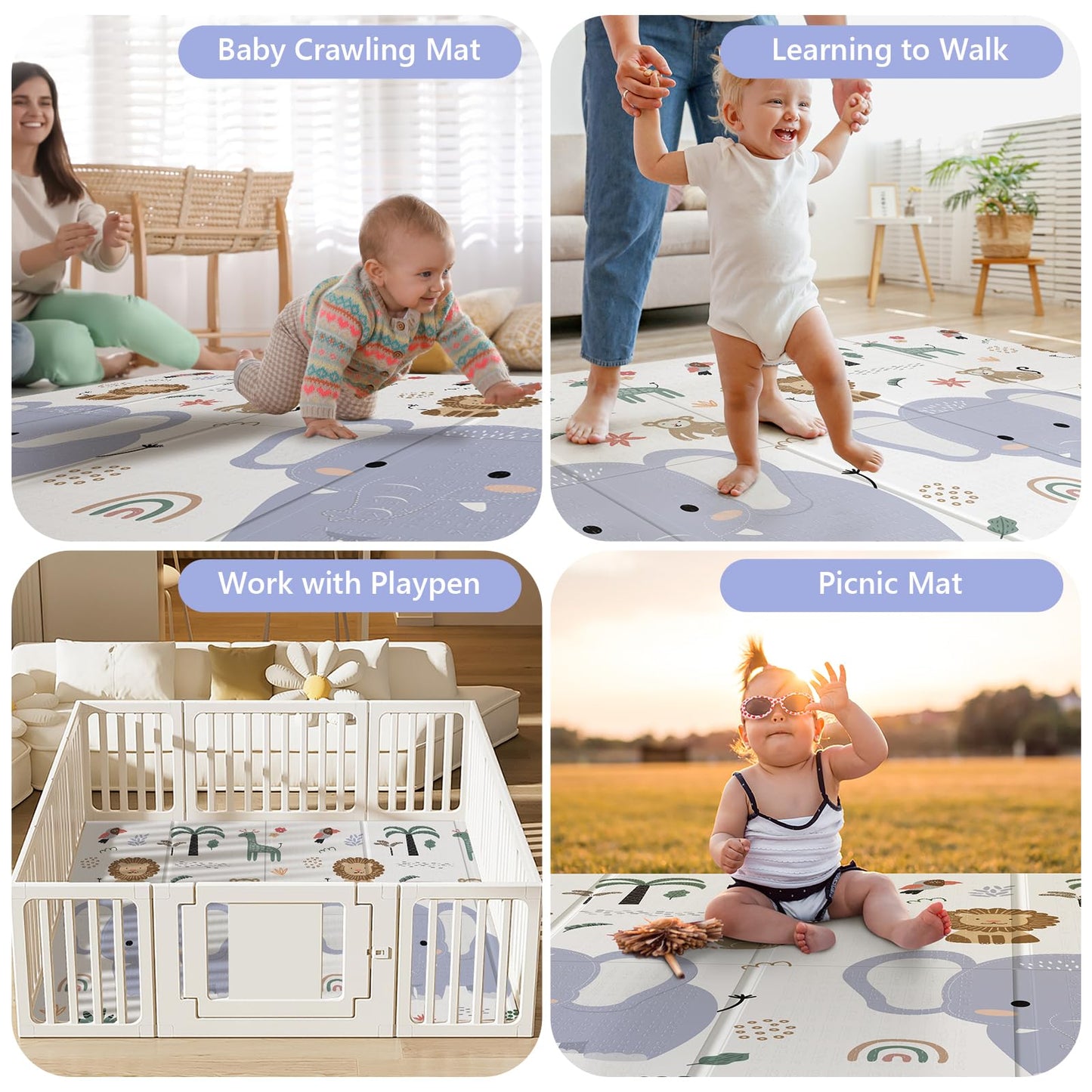 NOONKTY 79x71 Extra Large Baby Play Mat for Floor, Foldable Foam Playmat for Babies 0-12 Months & Kids, Non-Toxic Waterproof Baby Mat for Floor, Thick Playpen Mat for Tummy Time Crawling, Elephant+Mon