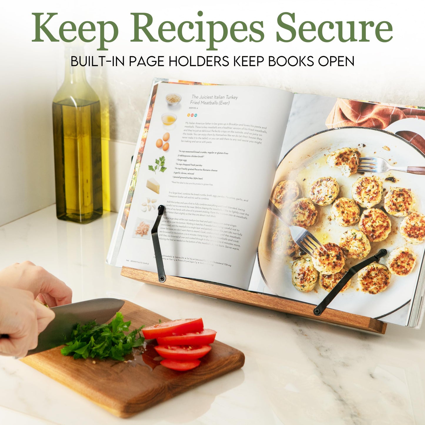 Cookbook Stand for Kitchen Counter – Adjustable Wood Book Holder with Resin Accent, Rustic Recipe Book Stand with Secure Page Grips, Compatible with Cookbooks & Tablets