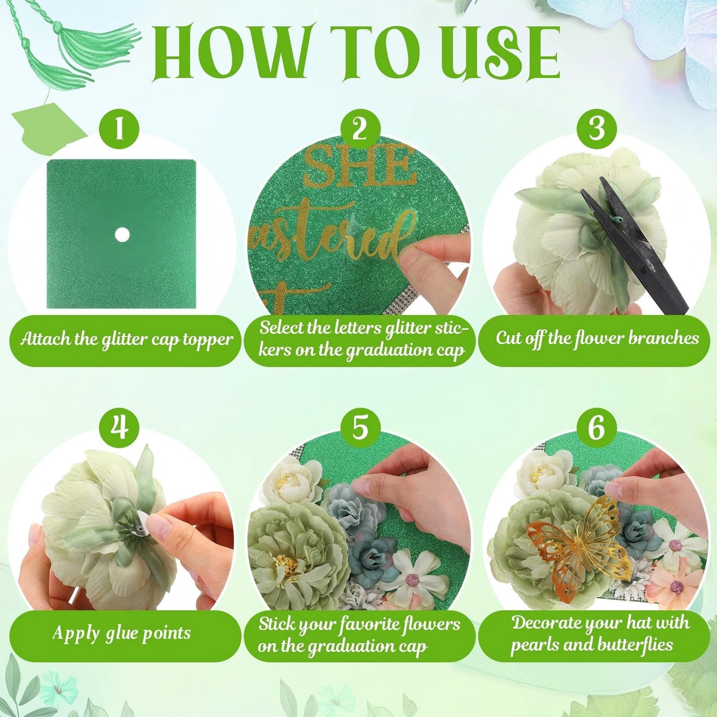 Gersoniel 42 Pcs DIY Graduation Cap Decorations Kit Include Faux Flower Heads Graduation Quote Glitter Sticker Bow 3D Butterfly Rhinestone Pearl Stickers for Grad Cap Topper Decor(Green)