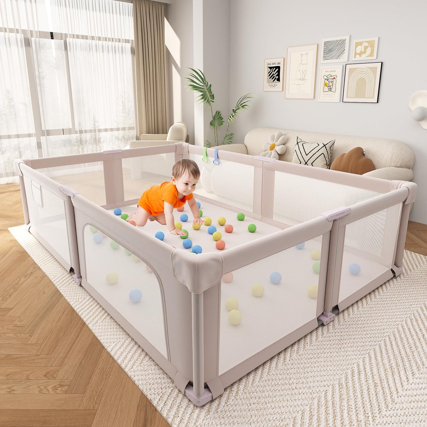 Foldable Playpen with Mat for Babies and Toddlers, 73" x 61" Baby Play Pen for Indoor & Outdoor, Playard with Soft Breathable Mesh, Pull-Link and Ocean Balls, Pink