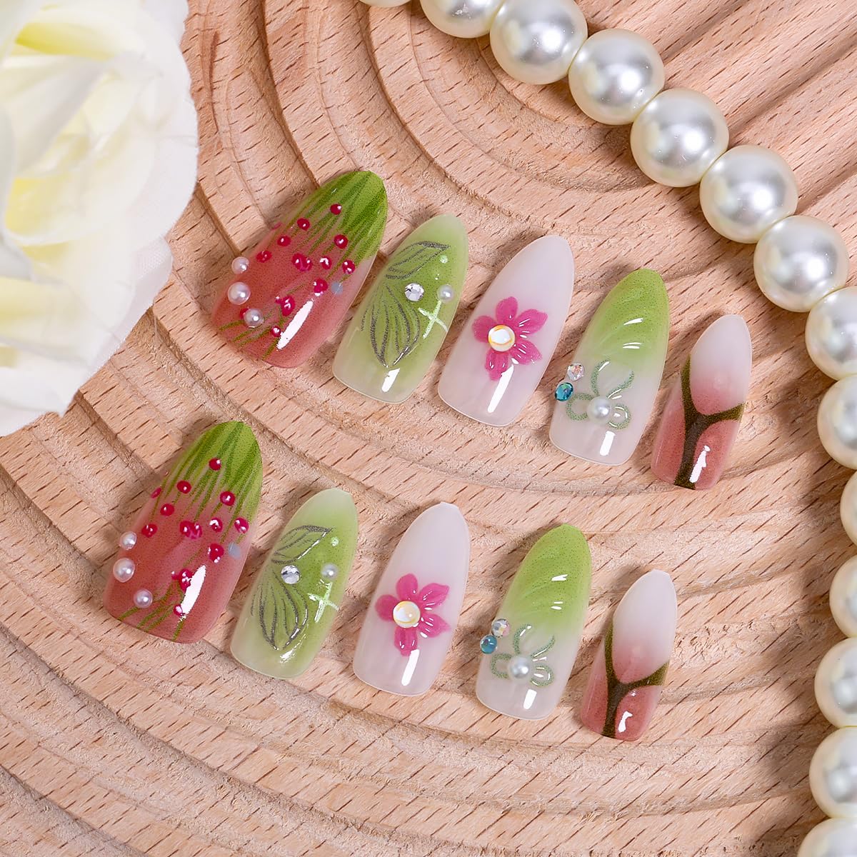WBRRFJJ 30Pcs 3D Flower Press-on Nails Medium Almond Acrylic False Nails with Bow Pearl Rhinestones Designs Glossy Finish Full Cover Artificial Glue on Nails Spring Summer Stick on Nails for Women DIY