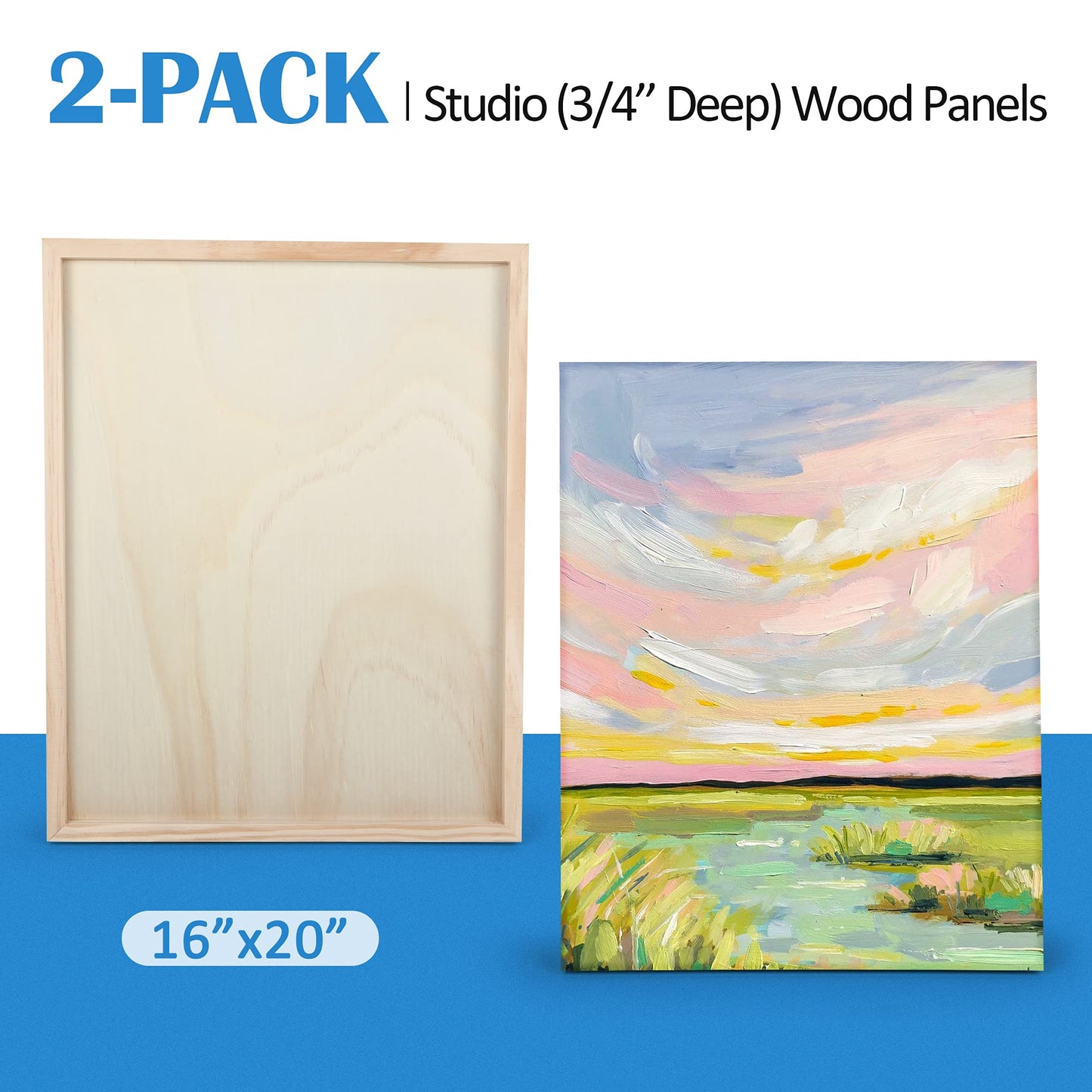 Unfinished Birch Wood Canvas Panels Kit, Falling in Art 2 Pack of 16x20’’ Studio 3/4’’ Deep Cradle Boards for Pouring Art, Crafts, Painting, and More