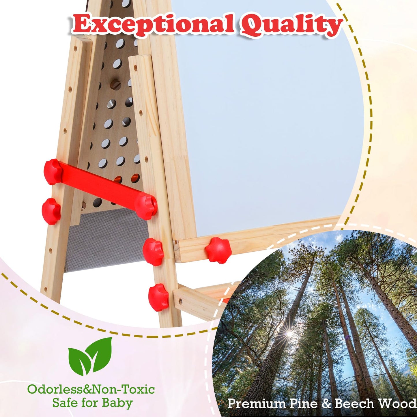 OLAKIDS 4 in 1 Easel for Kids with Marble Run, Magnetic Whiteboard, Chalkboard, Drawing Paper Roll, 6-Level Adjustable Height for Toddlers Ages 3-10
