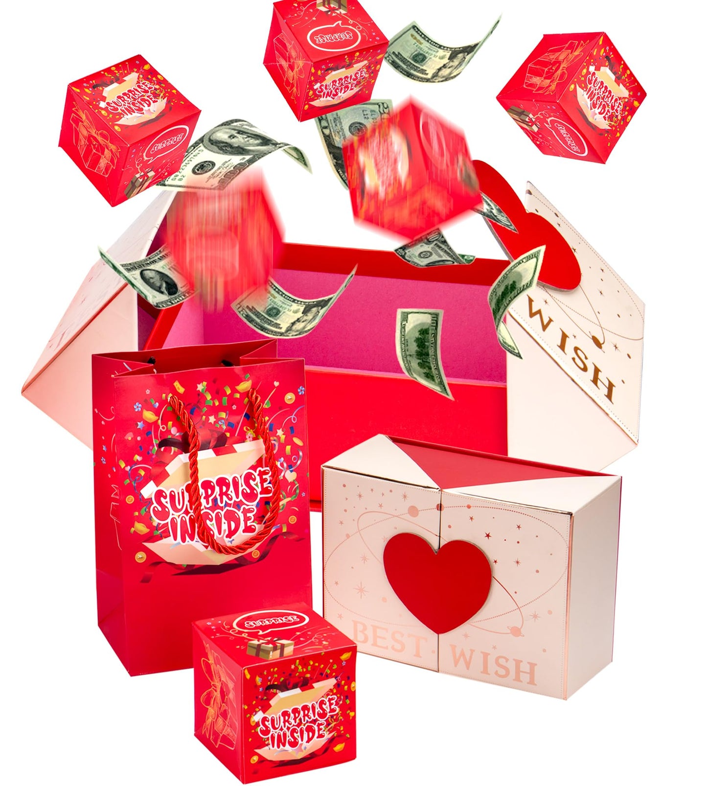Voeveca Surprise Box Gift Box for Money, Folding Bouncing Gift Boxes, Best Wish Surprise Gift Heart Box Explosion for Birthday, Anniversary, Valentine‘s Day, Mother’s Day (Red, 20)