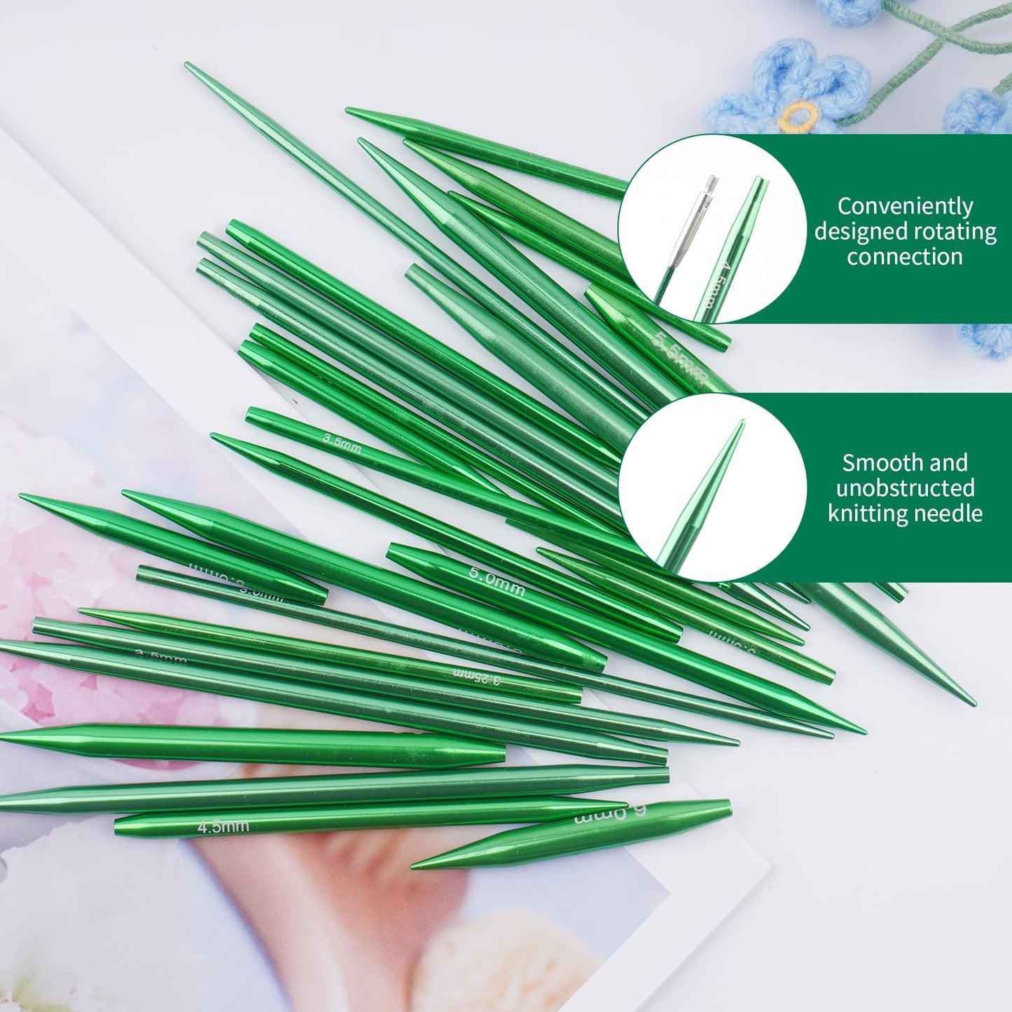 WAZAIGUR Knitting Needles Set, Three Lengths Interchangeable Circular Knitting Needles Set - Sizes 3.0mm, 3.25mm, 3.5mm, 3.75mm, 4.0mm, 4.5mm, 5.0mm, 5.5mm, 6.0mm, 5 Cables, 9 Pairs, Green