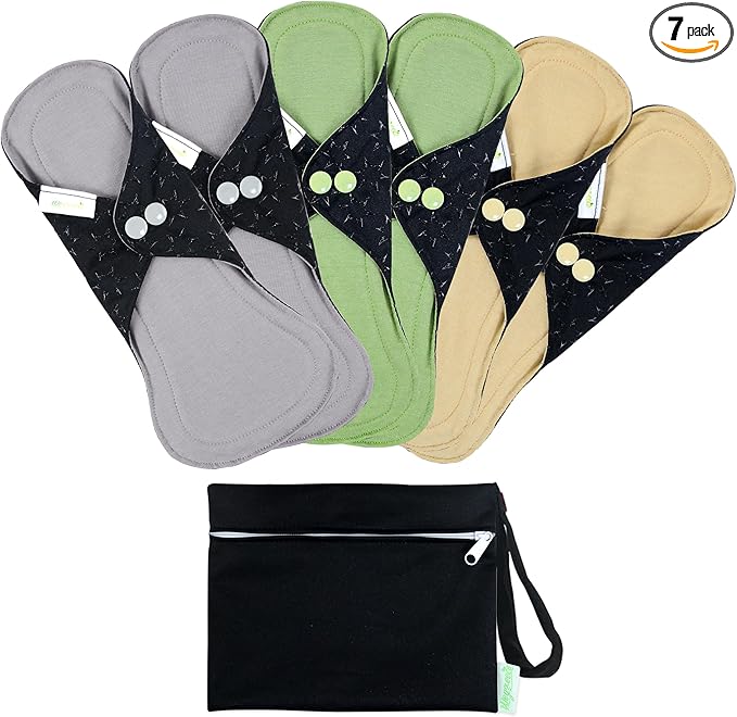wegreeco 6 Pcs Reusable Menstrual Pads, Ultra Absorbent Cloth Pads for Heavy Flow, Sanitary for Teens, Women, Nonslip Panty Liners + Bag (Mustard Yellow, Grey, Beige, L)