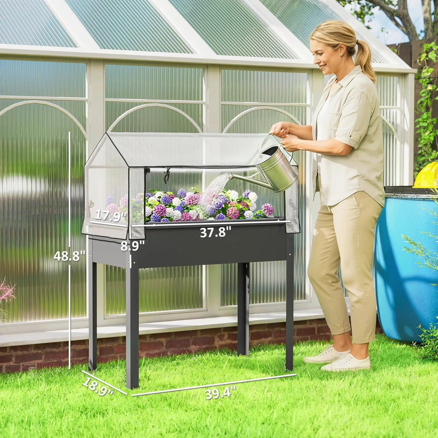 Elevated Raised Garden Bed with Mini Greenhouse, Dark Gray Metal Planter Box with Flip-Up Protective Cover, 39.4" x 18.9" x 48.8", 110 lbs Capacity
