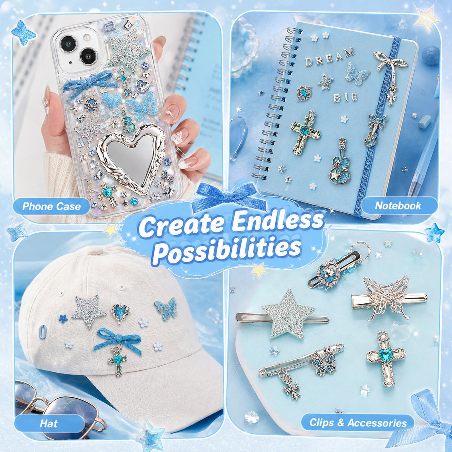 Prdingfy Blue Silver Phone Case Charms Kit, Icy Y2K DIY Decorating Accessories with Bows, Rhinestones, Mini Mirror Pieces and Resin Charms for Custom Cases