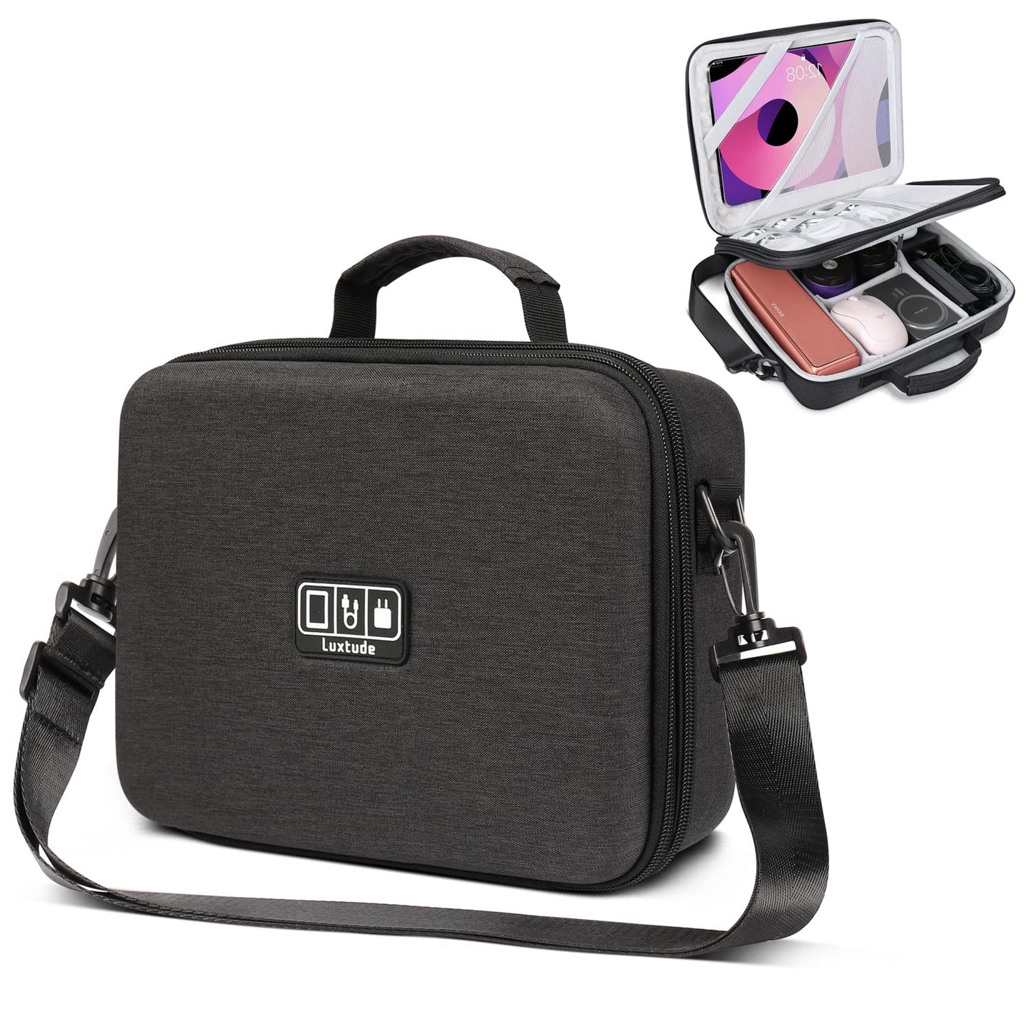 Luxtude Electronic Organizer Travel Case Large, Hard Case for Electronics with Shoulder Strap, Fits for iPad (Up to 11’’), Tech Gifts