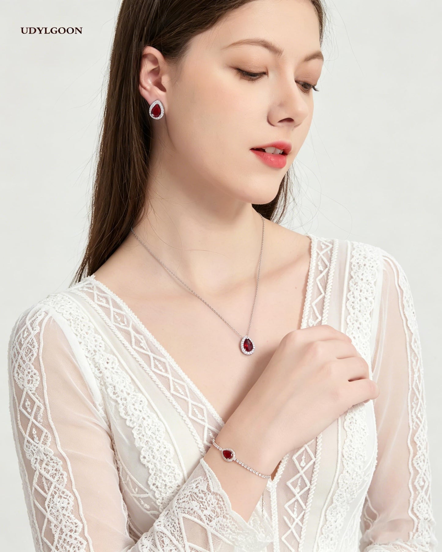 UDYLGOON Teardrop CZ Bridal Jewelry Set Imitation Diamond Earrings Necklace Bracelet for Bride Bridesmaids Wedding Prom Party (Drop-Red)