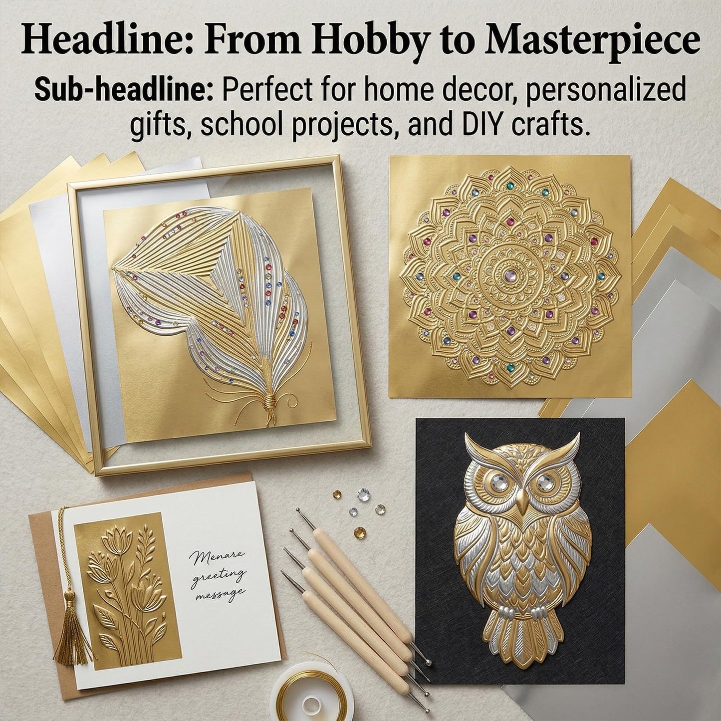 NYXODRON 15 Pieces Gold Embossing Foil Sheets, 11.57 x 9.76 Inch Metal Foil Art Kit and Embossing Kit for Crafting, Metallic Foil Craft Paper with Working Pad - Shimmering Gold Finish