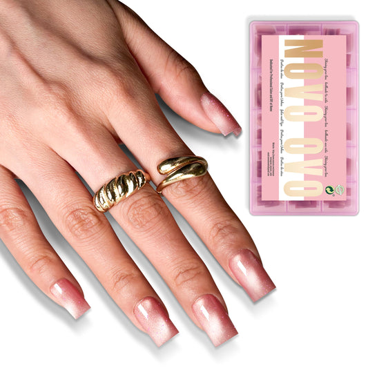 NOVO OVO Short Square Nail Tips 150Pcs Cat Eye, Dark Pink Sharp Square Gel X Nail Tips, Glossy Finished with Top Coat, Full Cover Fake Nails No C Curve for Home DIY Typing Scenario, 15 Sizes