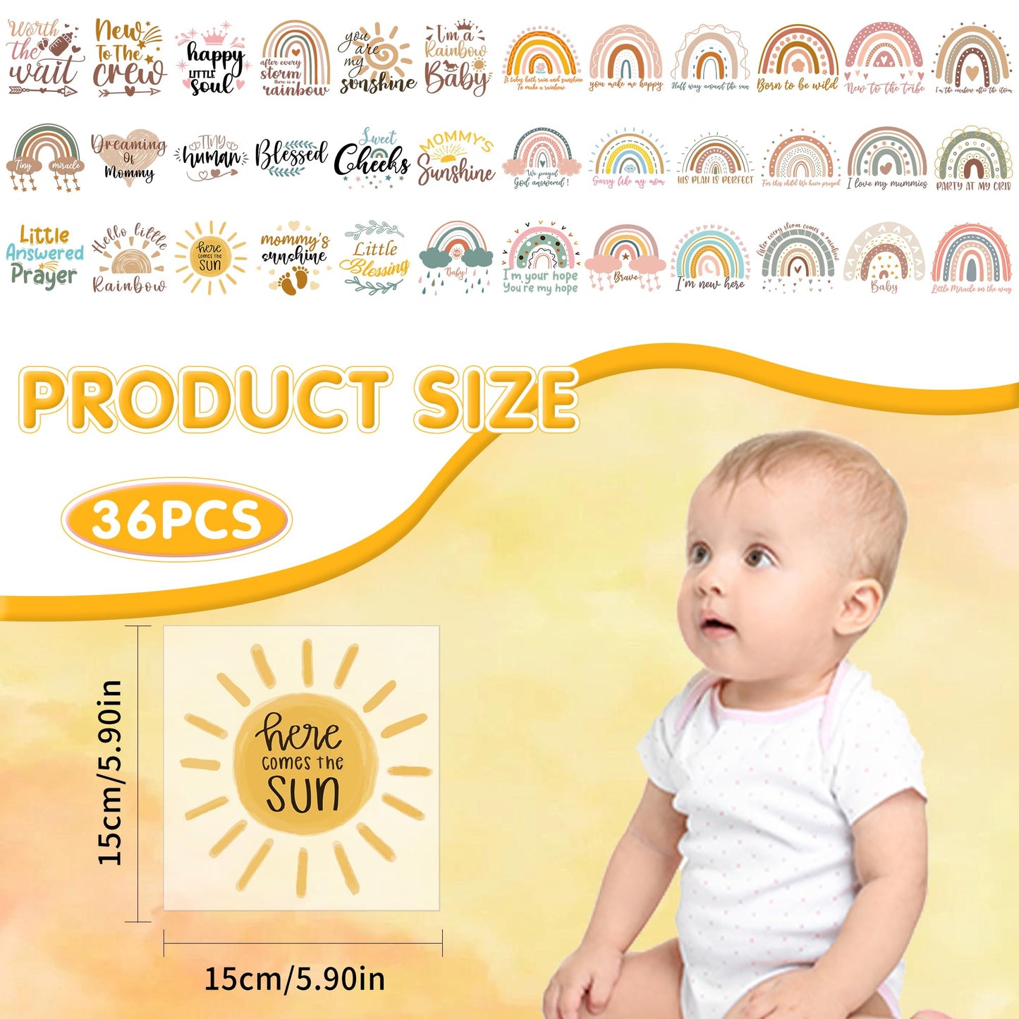 Rainbow Baby Iron on Transfers, 36 PCS Boho Onesie Decorating Kit Baby Shower, Fun Heat Transfer Stickers, Iron on Decals for T Shirts Hoodie Bibs Bodysuit Clothing DIY Crafts