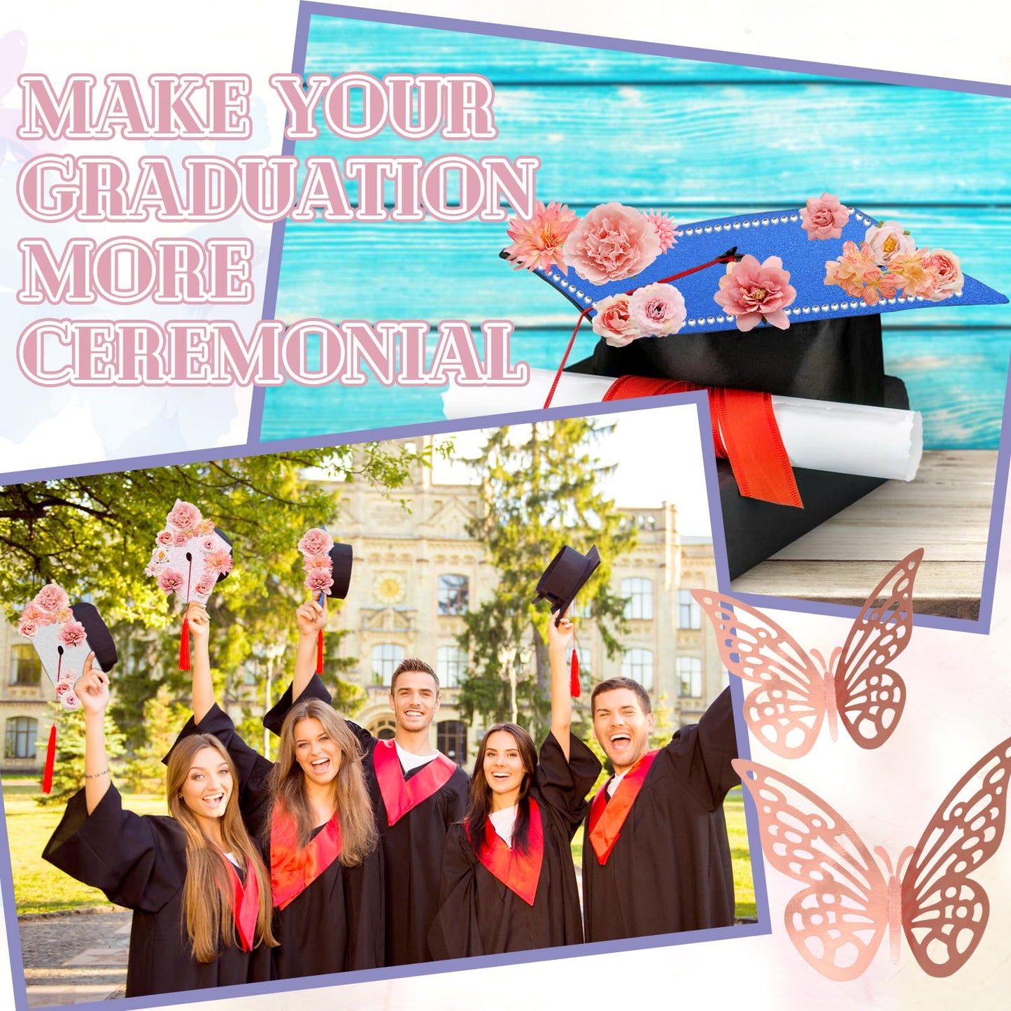 ZYNERY Graduation Cap Decorations Kit Grad Cap Topper Decor Includes Glitter Paper 3D Butterfly Faux Flower Letters Stickers, Cap Decorations for DIY Graduation Cap Topper (Pink)
