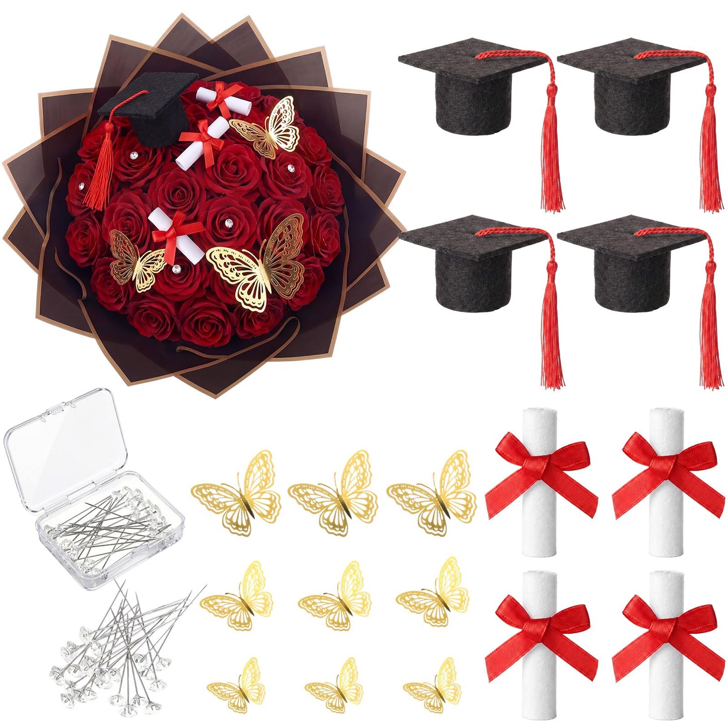 Gilprop 45 Pcs Graduation Flower Bouquet Kit Include 12 Butterfly Decorations 4 Mini Grad Cap 4 Certificate Scrolls Floral Tapes Wraps 25 Diamond 2026 Grad Party Decor Flower Bouquet Gift (Red)