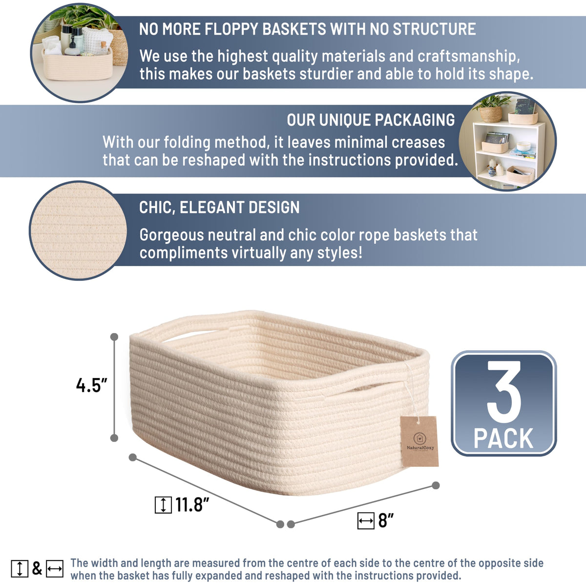11.8"x8"x4.5” Storage Baskets for Shelves 3 Pack (3 Count)