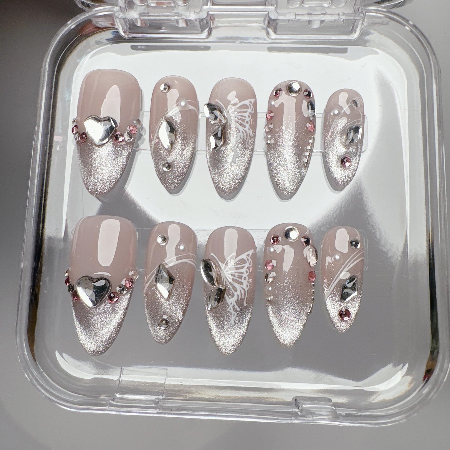NLSJMP,Handmade Nails Press on,Luxury glitter rhinestone butterfly Design Nail Art Kit,Acrylic Fake Nails Kit,Reusable False nails,Include Toolkit,10pcs,Almond,Size M