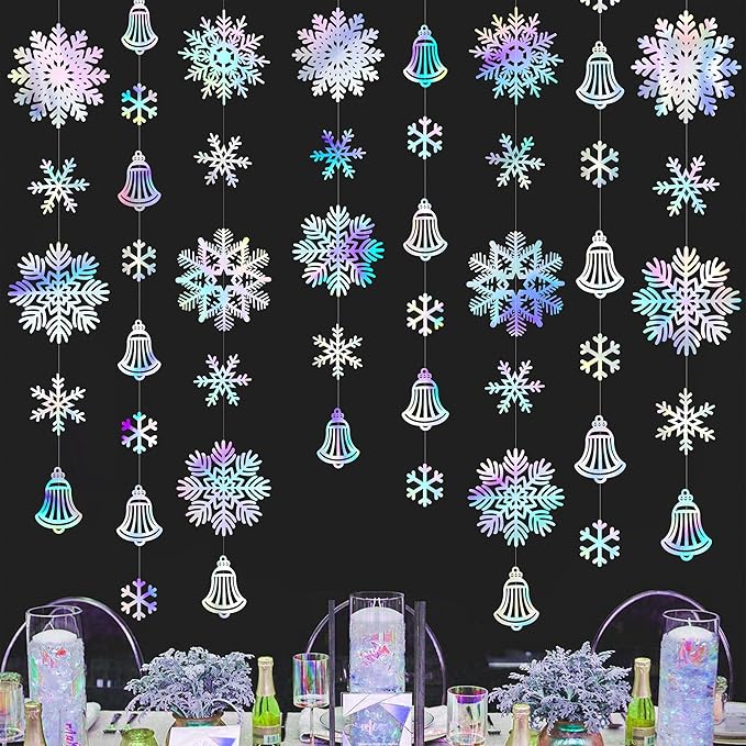 40 Ft Snowflakes Party Decorations Iridescent Snowflakes Bell Garland Holographic Big Snowflakes Hanging Streamer Backdrop for Winter Wonderland Christmas Holiday Birthday Home Window Wall Room Decor
