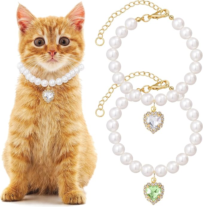 Mxxipp 2pcs Pearl Collar for Cat Puppy, Small Cute Heart Shape Rhinestone Pet Necklace, Adjustable Wedding Party Pet Jewelry Accessories for Puppy Kitten- Green & Pink
