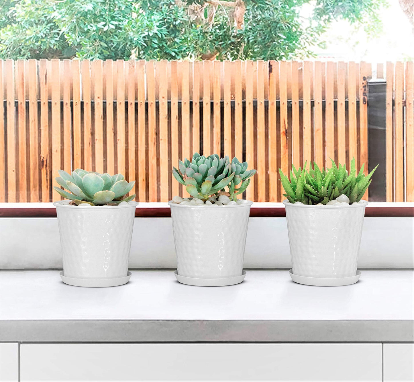 Monarch Abode 20010 Indoor Plants (Set of 3) Hand Hammered Flower Succulent Pots Planter with Drainage Hole, Classic White