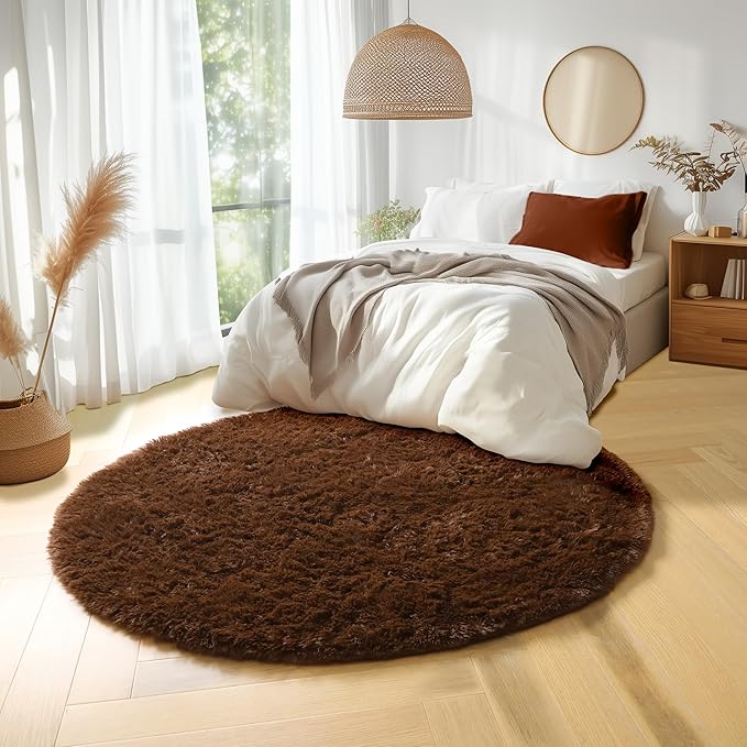 Amdrebio Dark Brown Rug 4Ft for Bedroom, Round Fluffy Shag Plush Area Rugs for Kids Room, Living Room Decor Aesthetic, Fuzzy Fur Floor Chocolate Coffee Circle Carpet for Playroom Dorm Baby Nursery