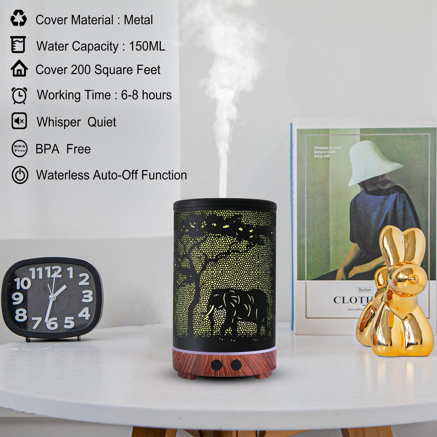 Essential Oils Diffuser,Aromatherapy Diffuser,Birthday Gifts for Women Mom Grandma,Metal Cool Mist Humidifier with 7 Colors Lights Waterless Auto Off Air Diffusers（Elephant）