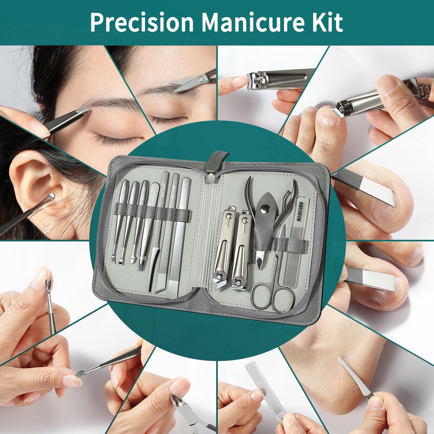 Manicure & Pedicure Set 12 in 1, Nail Clippers Set, Quality Fingernail& Toenail Clipper, Professional Nail Care Kit with Exquisite Leather Case for Men & Women (12 Pack)