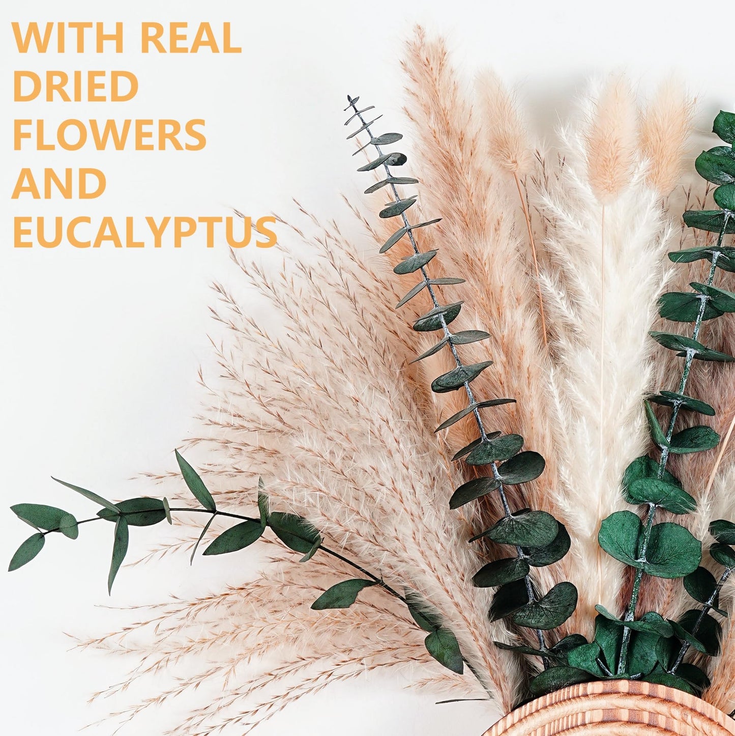 Set of 2 Wooden Vases with Pampas Grass and Eucalyptus – Boho Decor for Living Room, Modern Farmhouse Entryway or Bathroom, Rustic Art for Home Decoration