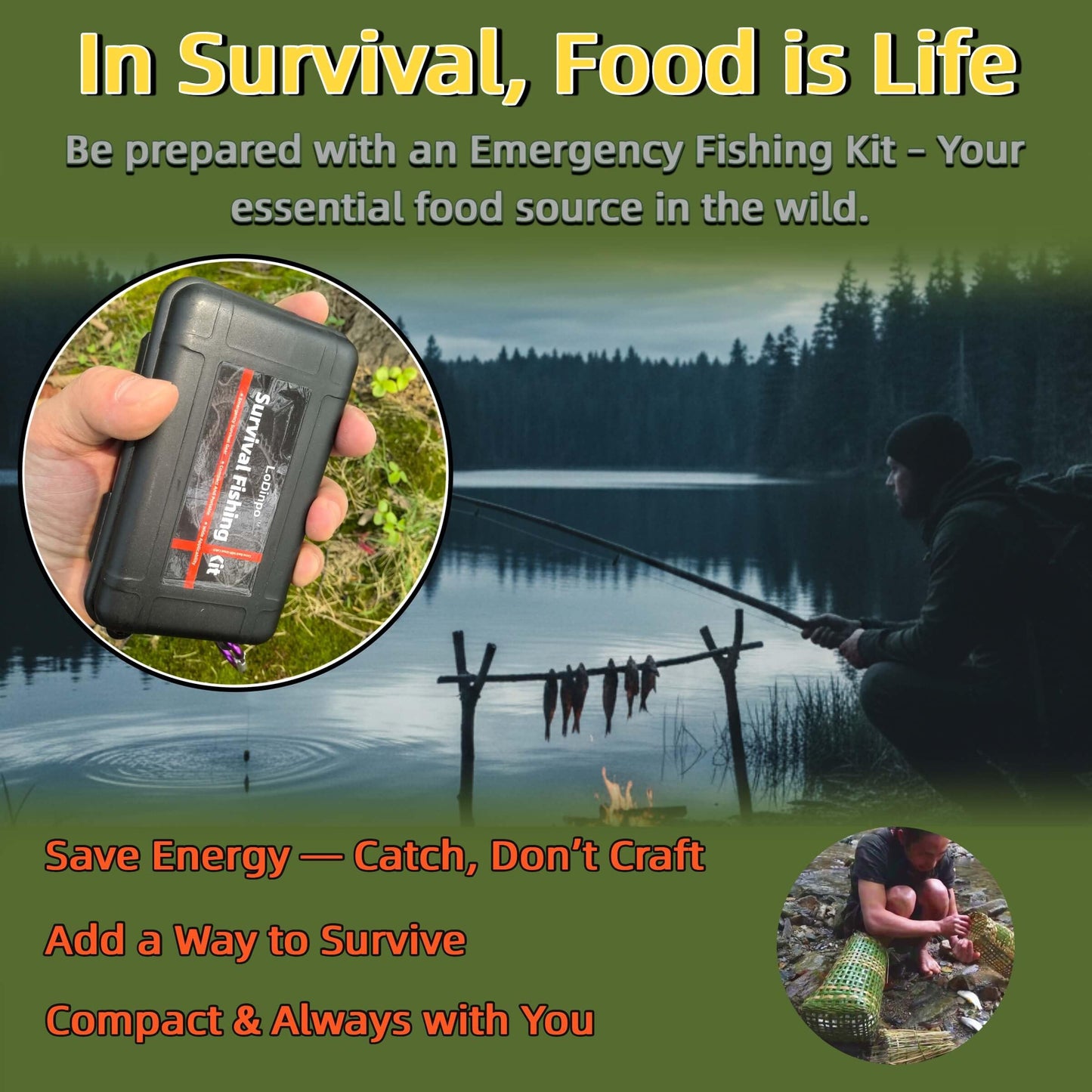 LoDinpo Mini Survival Fishing Kit Compact Emergency Fishing Gear for Camping, Hiking, Bushcraft, Backpacking Small Tackle Box with Hooks, Line, Floats Tools Great Gift for Fishermen, Hikers&Preppers