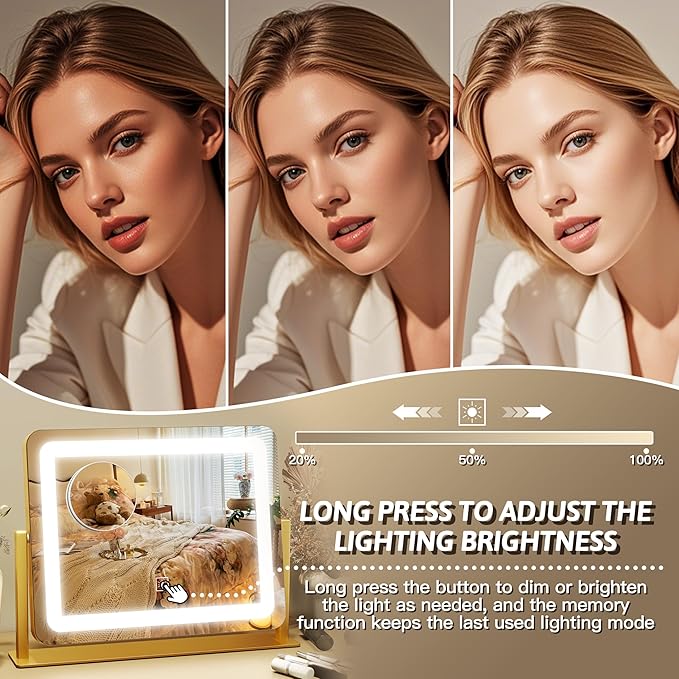 FENNIO Vanity Mirror with Lights, 12" x 16" Lighted Makeup Mirror with Smart Touch Control, 3 Color Modes & Brightness Adjustable, LED Makeup Mirror with 10X Magnification, 360° Rotation （Gold