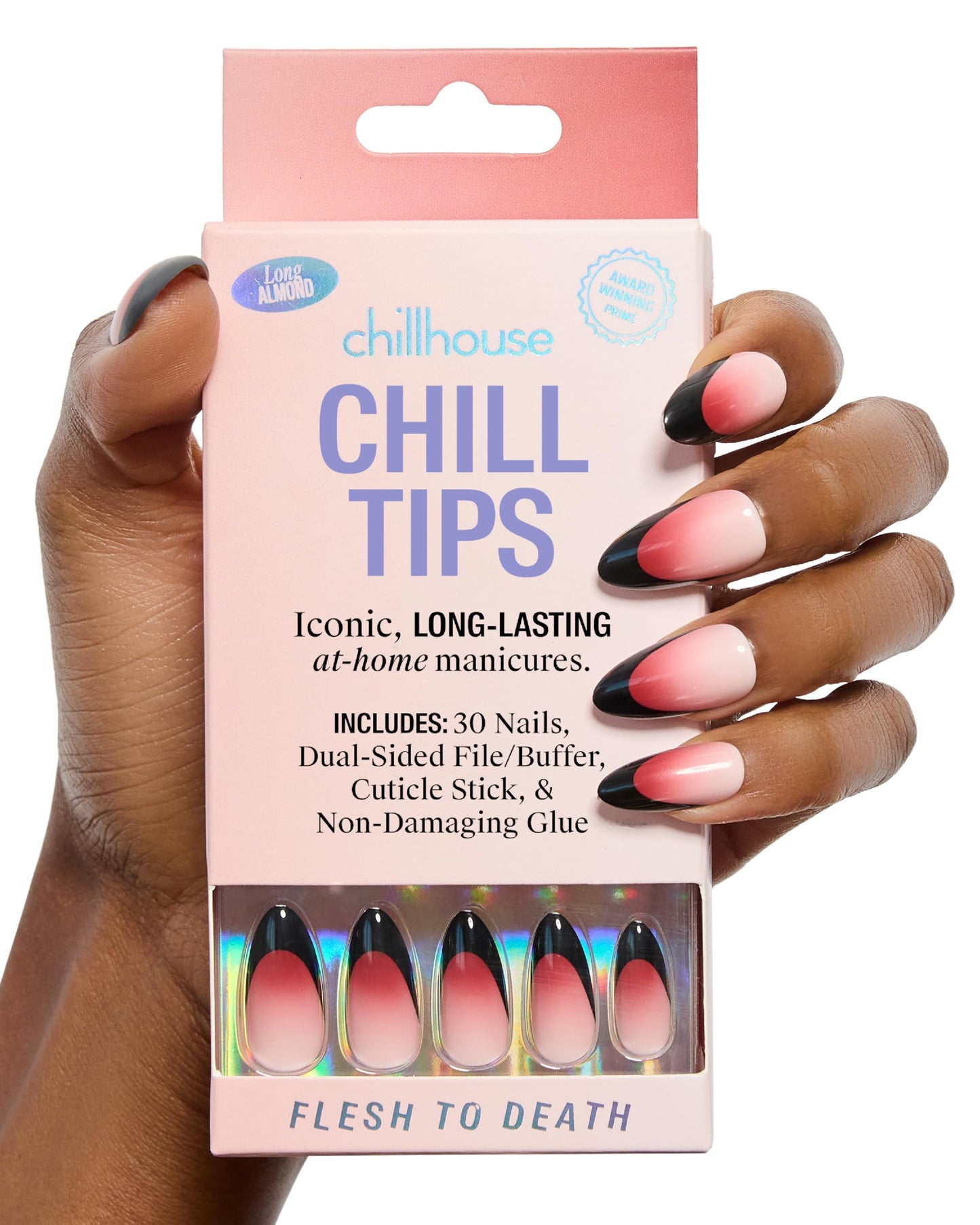 Chillhouse Chill Tips Signatures Press On Nails Kit, Flesh to Death - 30 Nail Shapes & Sizes, Dual-Sided Buffer & File, Cuticle Stick & Glue - Long-Lasting Nail Art Manicures