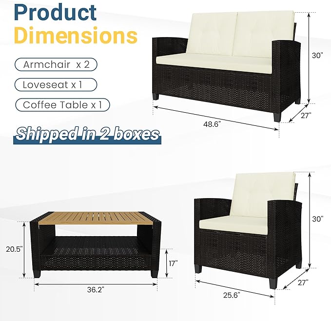 Wisteria Lane 4 Piece Patio Furniture Set, Wicker Outdoor Patio Conversation Furniture Set, All Weather Outdoor Patio Sofa with Cushion and Glass Table, Beige