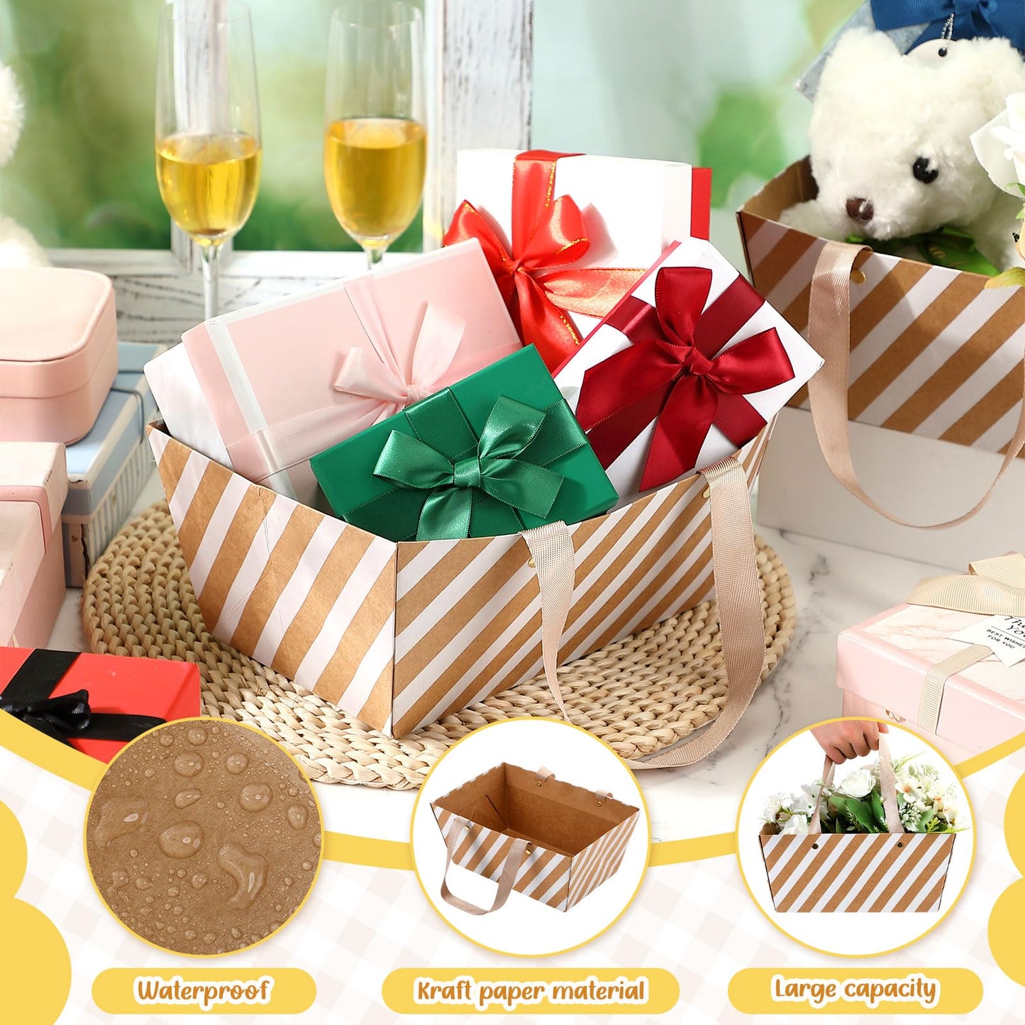 Pinkunn 48 Pcs Basket for Gifts Empty DIY Bulk Party Gift Basket Kit with Handles Market Trays for Packages Wrapping Wedding Party Anniversary Display(Stripes)