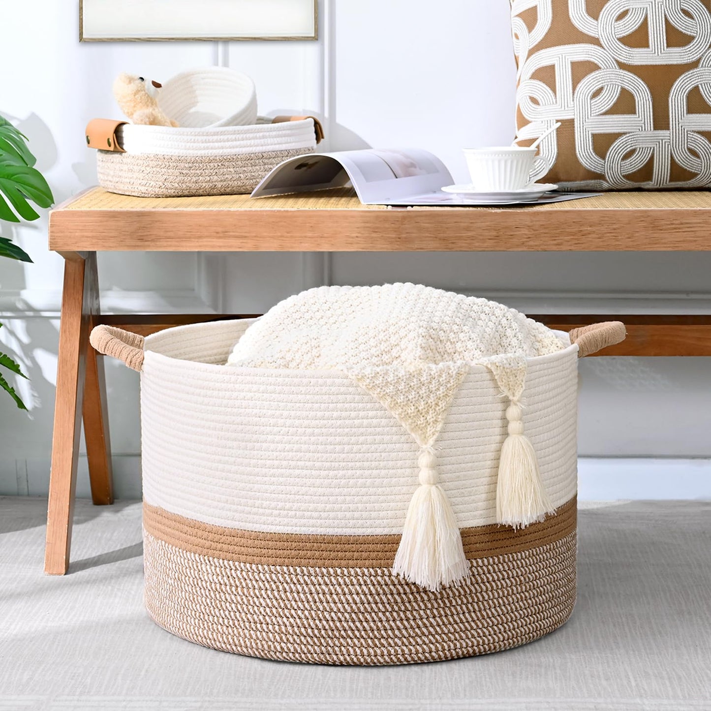 Degeyoyo 67L Large Blanket Basket, 20"x13" Woven Storage Baskets With Handle, Cotton Rope Blanket Basket Living Room, Baby Laundry hamper for Blanket, Nursery, Toy, Pillow (White & Brown)