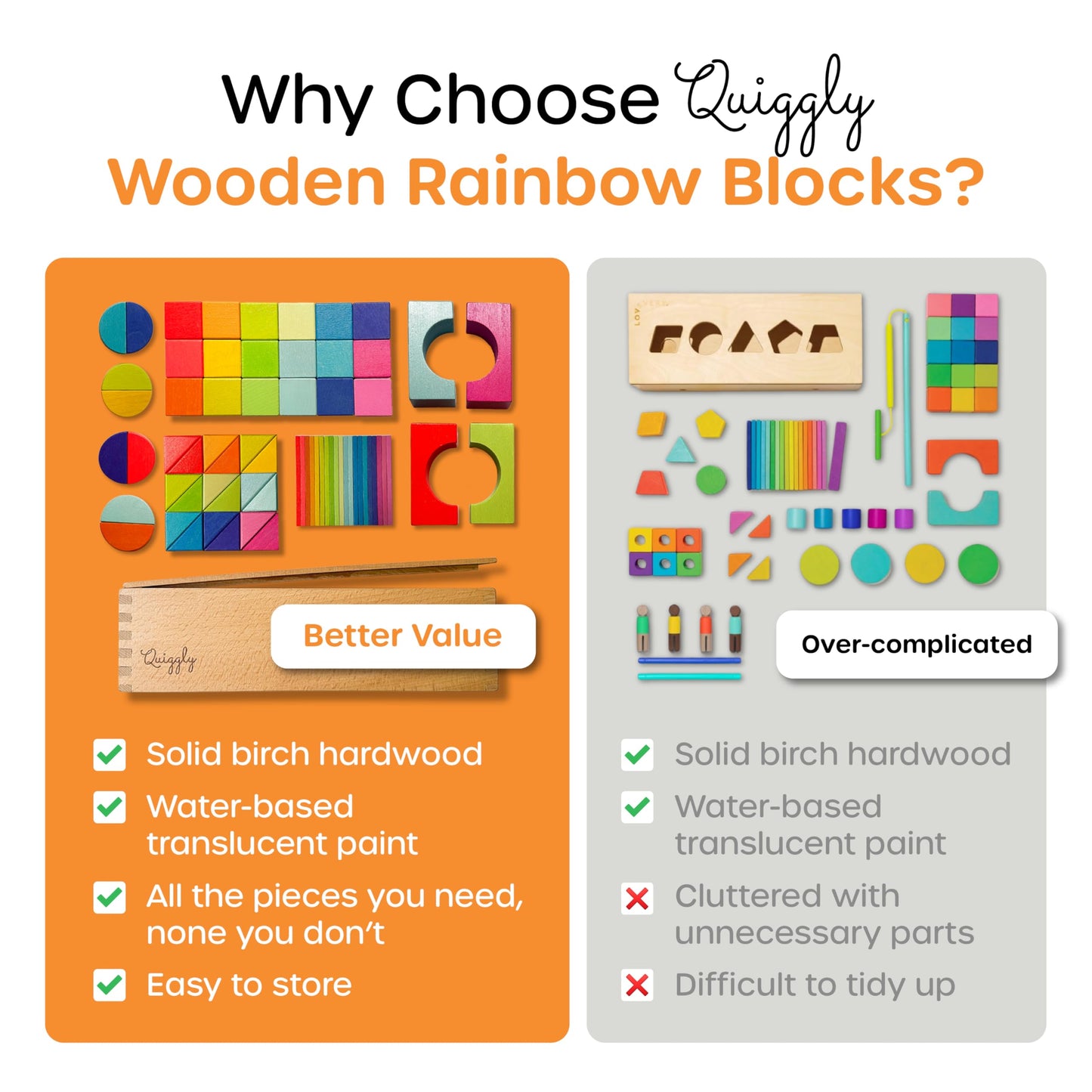 Quiggly Montessori Wooden Rainbow Building Blocks Set | 68-Piece Educational STEM Toy for Toddlers | Includes Storage Box with Carry Handles | Ideal for Ages 12-48+ Months (Wooden Storage Box)
