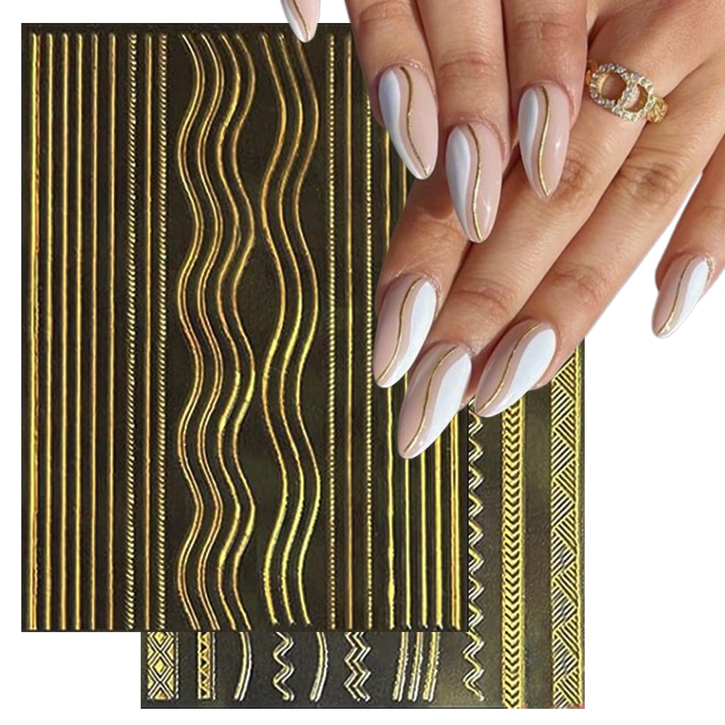 IDDFEVE 12 Sheets Gold Line Nail Art Stickers - French Smile Waves Strip Self-Adhesive Nail Decals for DIY Geometric Manicure