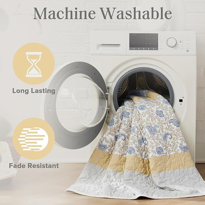 Madison Park 100% Cotton Quilt Set Floral Print, Double Sided Stitching, All Season, Lightweight Coverlet Shabby Chic Bedding Layer, Matching Shams, King/Cal King, Yellow 6 Piece