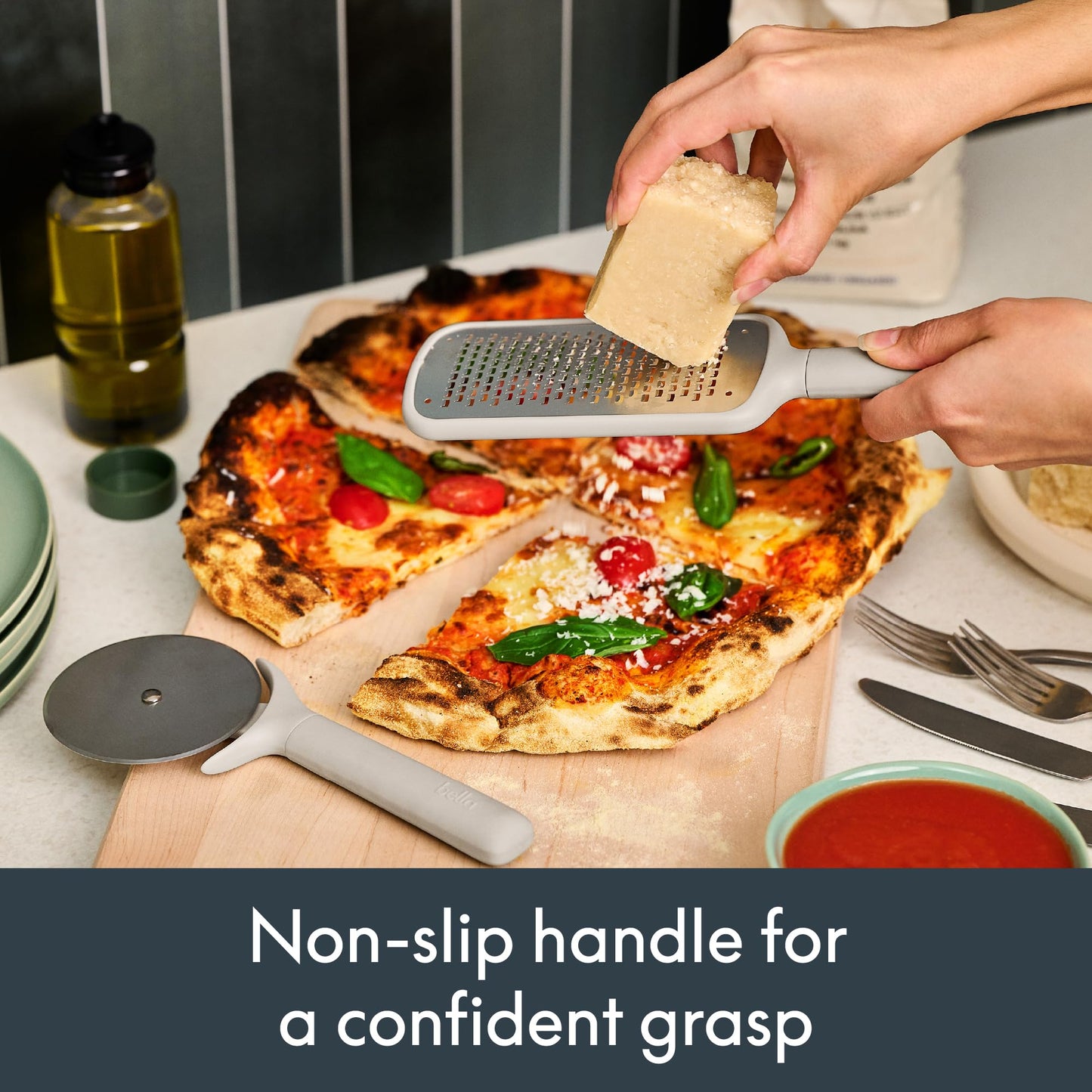 bella 7-Piece Modular Gadget Set, Grater, Pizza Cutter, Ice Cream Scoop, Peeler, Shears, Bottle Opener, Crock with removable divider, Dishwasher Safe, Oatmilk