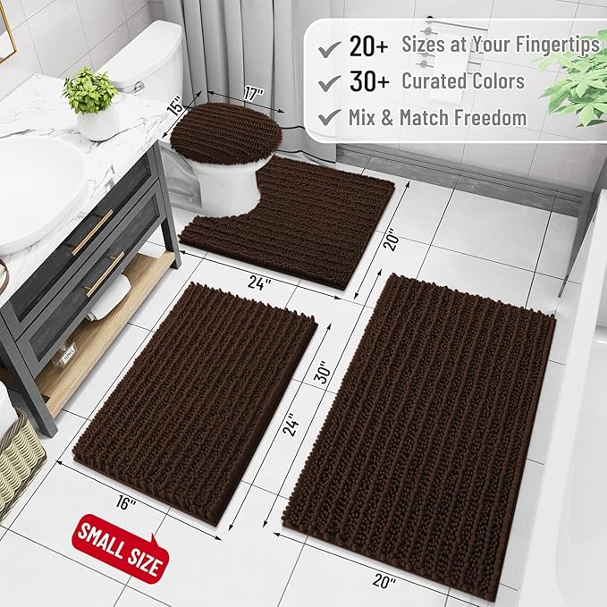 Arotive Luxury Chenille Bathroom Rug Mat, Extra Soft Thick Absorbent Shaggy Bath Rugs, Non-Slip Machine Wash Dry, Plush Bath Mats for Bathroom, Shower and Tub, 40x32, Brown