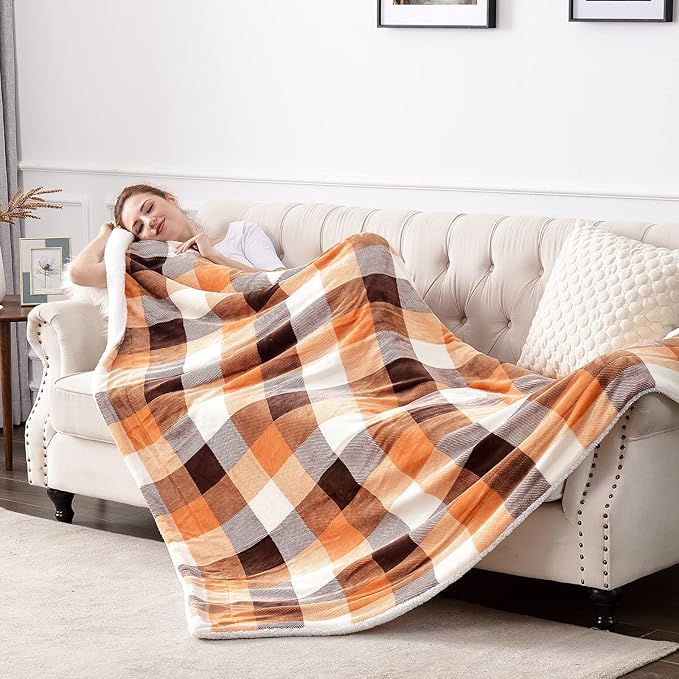 SOCHOW Buffalo Plaid Sherpa Fleece Throw Blanket, Double-Sided Checkered Super Soft Luxurious Bedding Blanket 50 x 60 inches, Orange