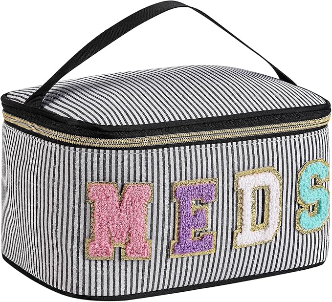 uekeboag Personalized Chenille Letter Seersucker MEDS Makeup Bag,Large Size Medicine RX Cosmetic Bag with Top Handle, First Aid Travel Organizer Bag for Women Girls(04Black)