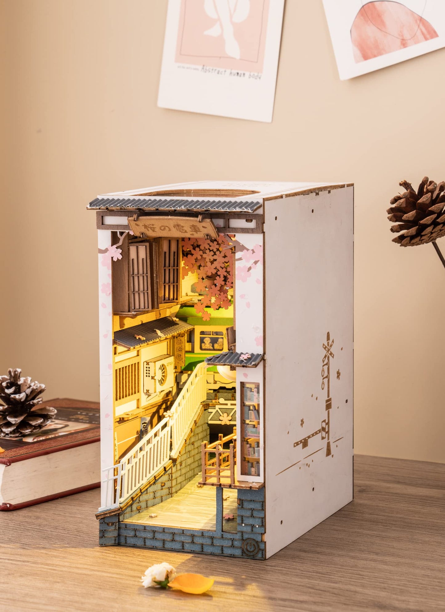 ROBOTIME DIY Book Nook Kit DIY Miniature Dollhouse Booknook Kit 3D Wooden Puzzle with LED Light,Decorative Bookend Bookshelf Insert Decor for Teens and Adults (Sakura Tram)