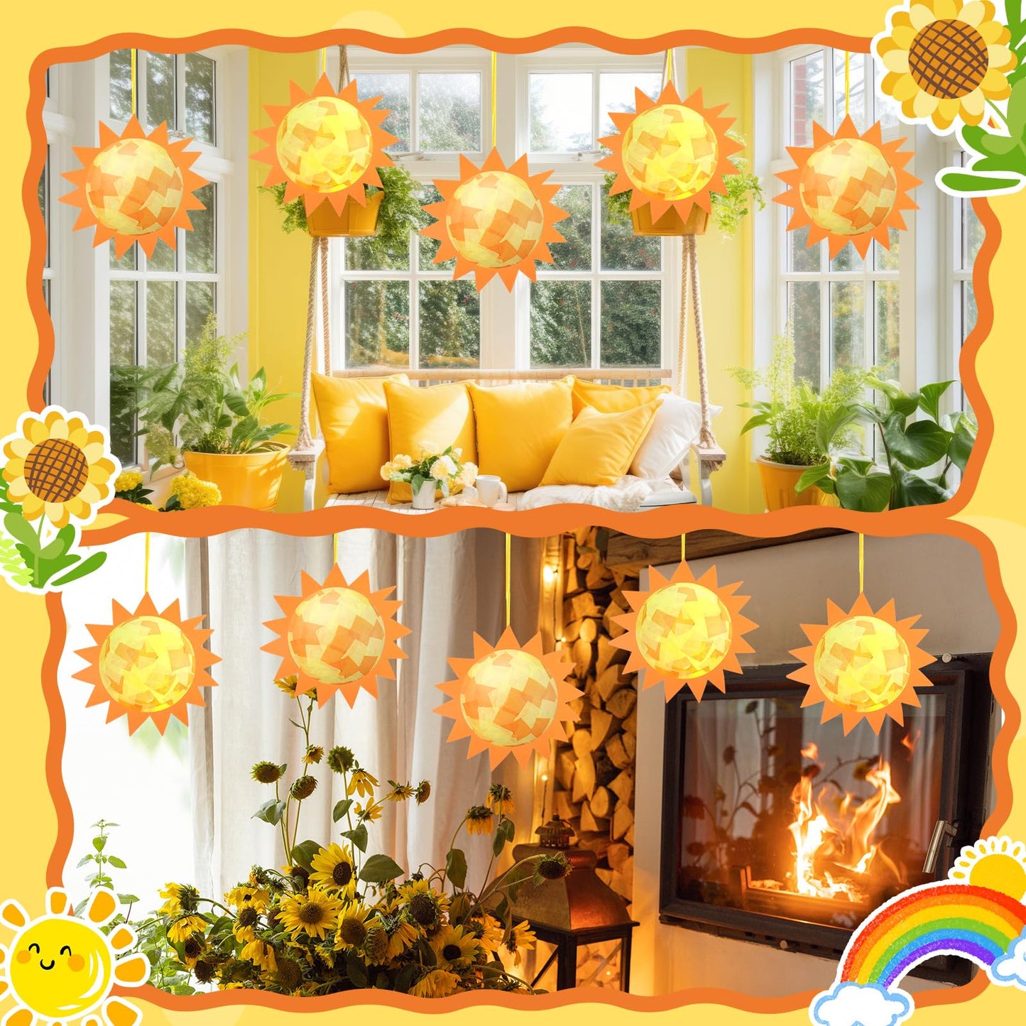 Simgoing 12 Set Sun Craft Kits with LED Candlelight Gold Sun DIY Art Tissue Paper Craft Summer Hanging Ornaments 3D Suncatcher Decoration for Summer Home School Classroom Party Decoration Art Activity