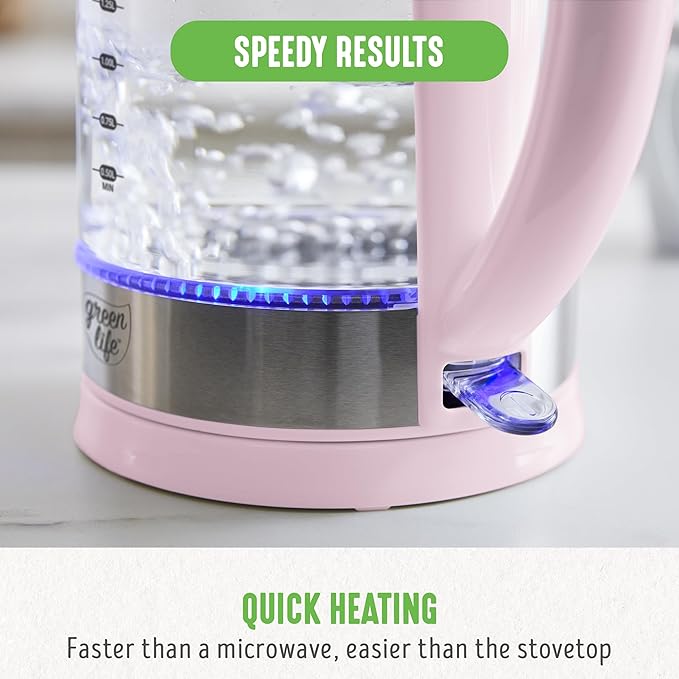 GreenLife 1.7 Liter Glass Electric Kettle, Easy One Touch Use, Quick Heating, Filtered Spout, LED Base, Auto Shut-Off, Cordless Serving, Coffee and Tea, Pink
