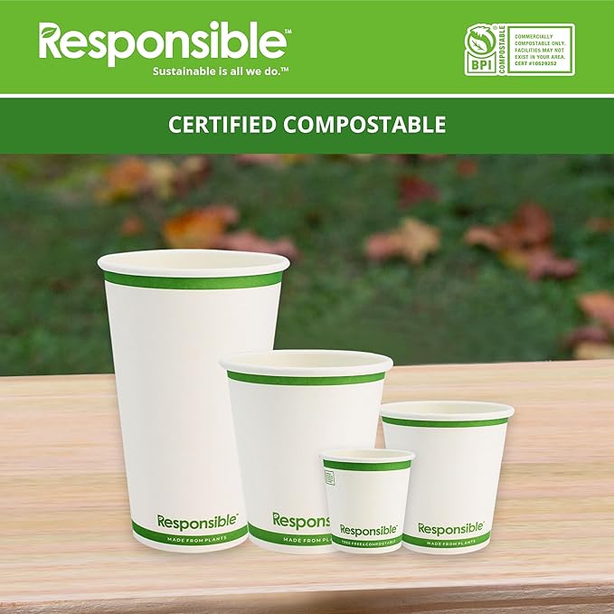 Responsible Products 4 oz Paper Hot Cups, Tree-Less™ Compostable Paper Coffee Cups, Extra Strength, Tree-Free and Made Without PFAS, White (1000 Count)