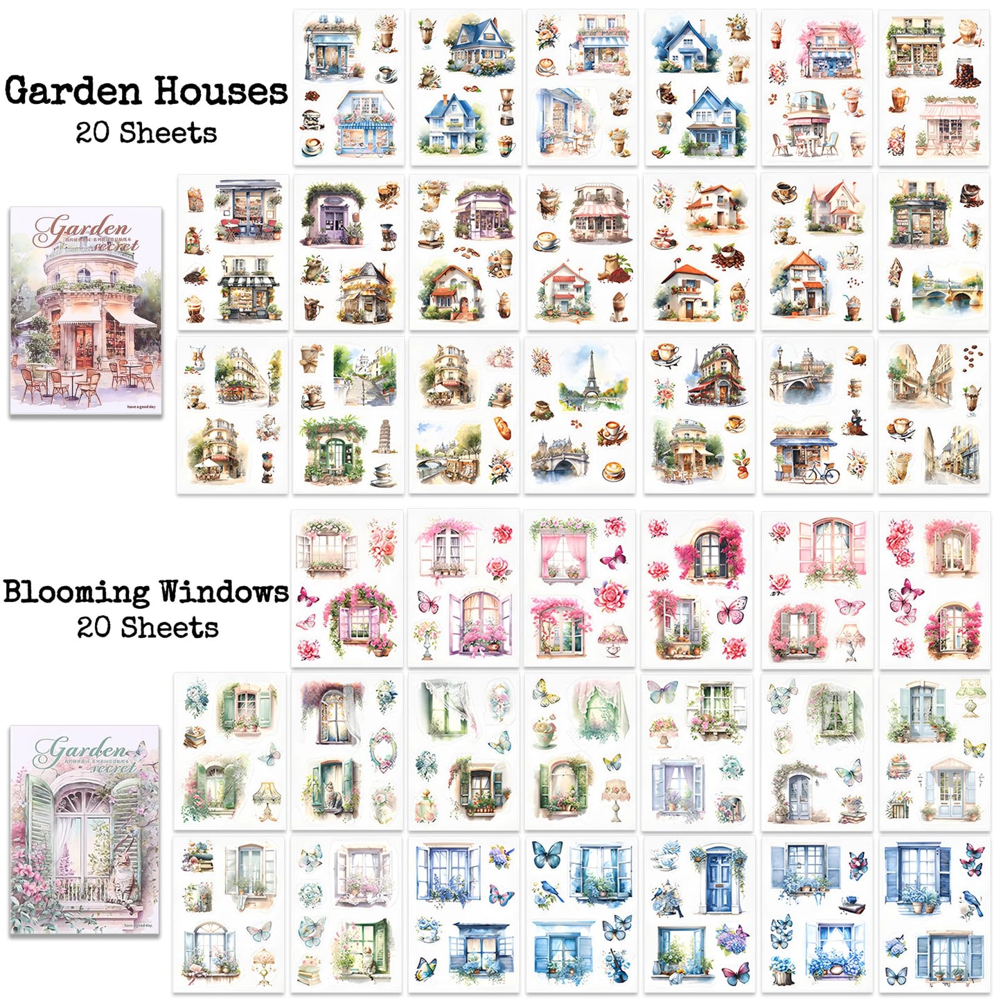 Knaid Scenery Sticker Set (490+ Pieces, 80 Sheets) 4 Pack Sticker Books Blooming Windows, Garden Houses, Enchanted Forest, Garden Fences Journaling Stickers for Scrapbook Bullet Junk Journals Planner