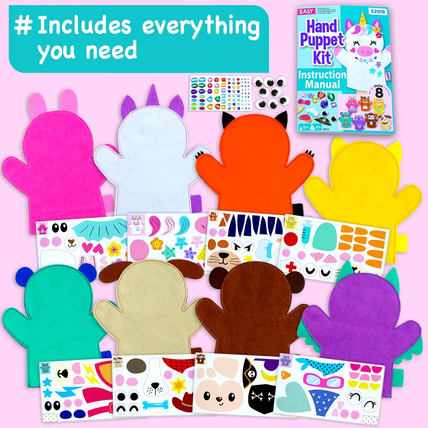 EZCRA Unicorn Hand Puppet Making Kit for Kids Age 5-8 - DIY Puppet Making Craft Kit - Creative Arts & Crafts Set, Educational Gift - Pretend Play Toys - 8 Projects, Extra Stickers for Decoration