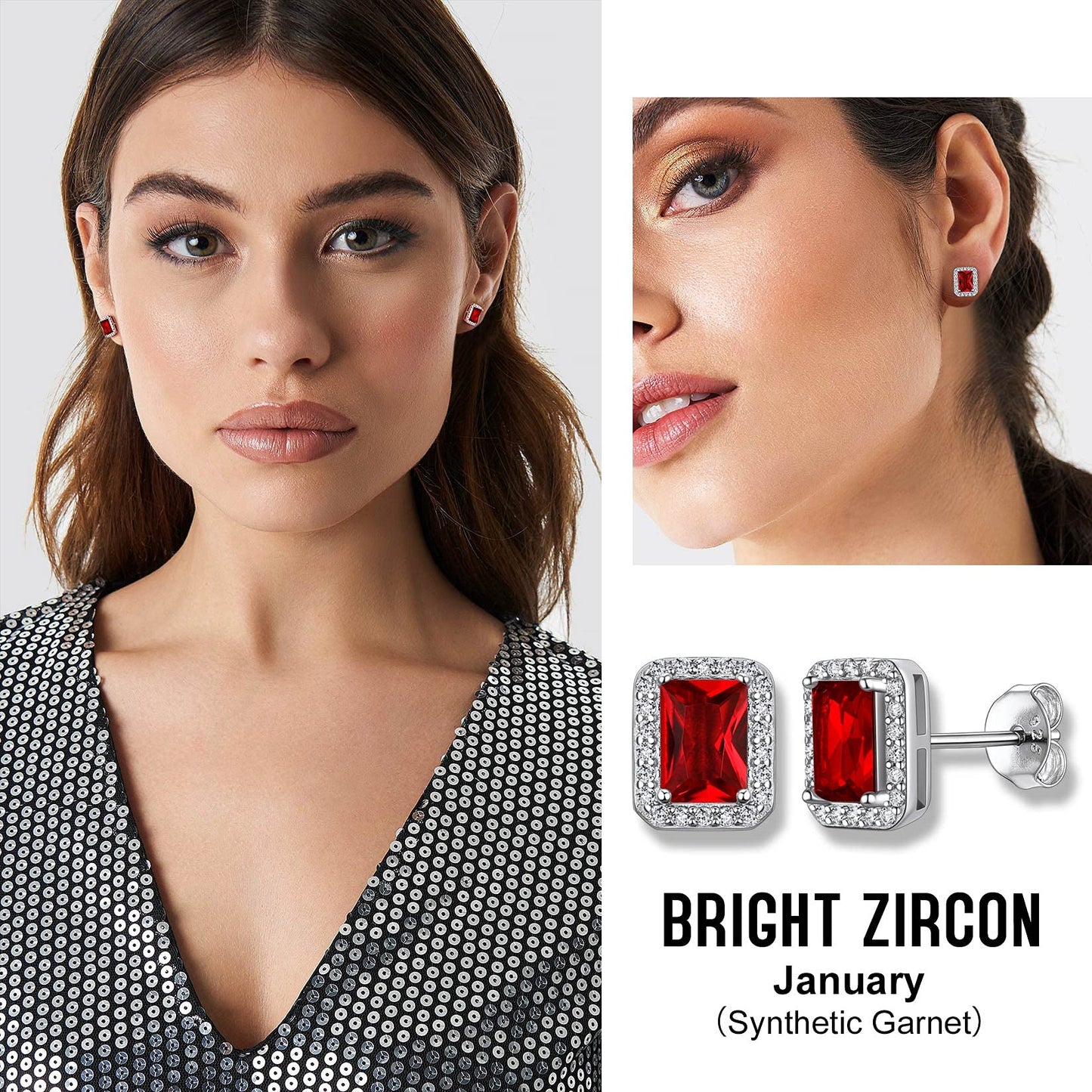 Bestyle 925 Sterling Silver Created Diamond Earrings Square Studs for Women, 5mm January Granet Birthstone Gem Earrings Illuminated by 1mm White Cubic Zirconia