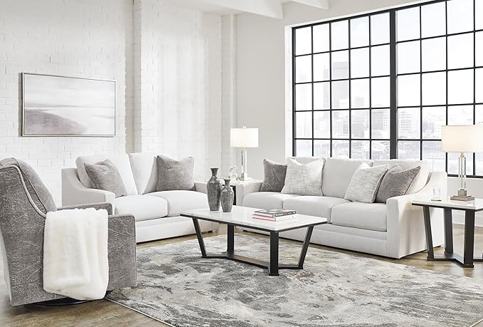 Signature Design by Ashley Maitelynn Contemporary Loveseat with Accent Pillows, Reversible Cushions and Sloped Arms, Light Gray