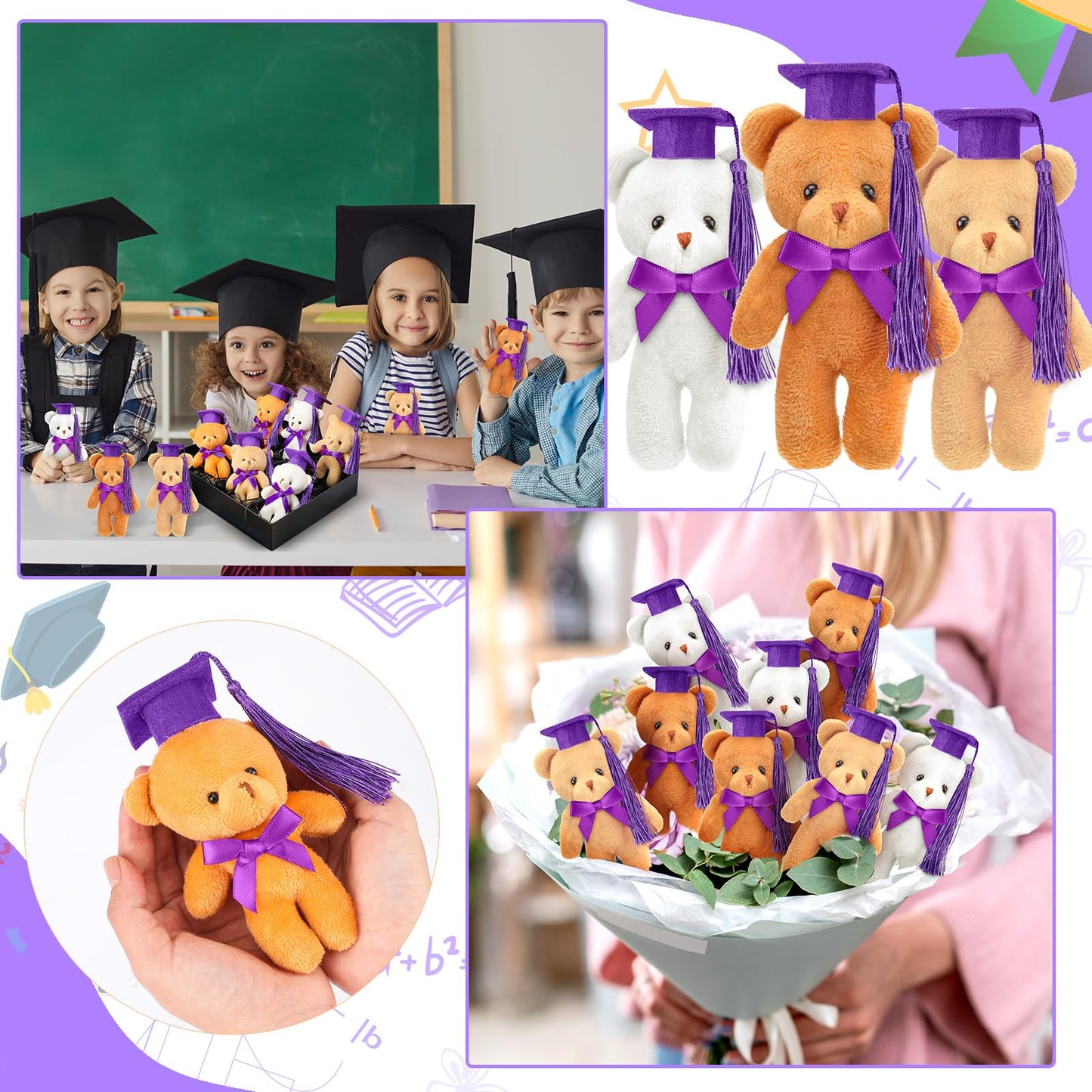 Sotiff 24 Pcs Mini Graduation Bear Plush Gift Stuffed Animal with Cap Gift for Her, for Him, Class of 2026 Graduation Present for College High School for DIY Keychain Xmas Decorations(Purple Cap)